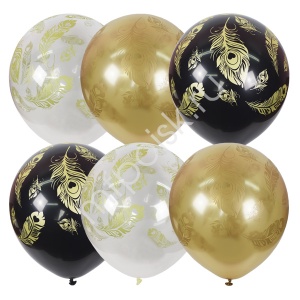MP 12"/30см BLACK&GOLD&TRANSPARENT (шелк) 5 ст. рис Перо Павлина 25шт